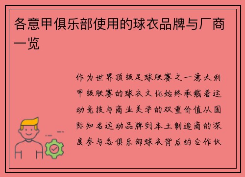 各意甲俱乐部使用的球衣品牌与厂商一览