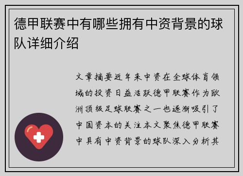 德甲联赛中有哪些拥有中资背景的球队详细介绍