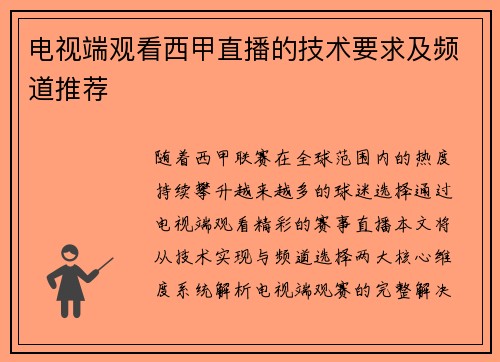 电视端观看西甲直播的技术要求及频道推荐
