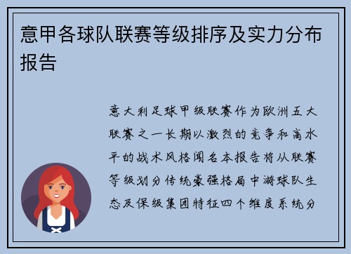 意甲各球队联赛等级排序及实力分布报告